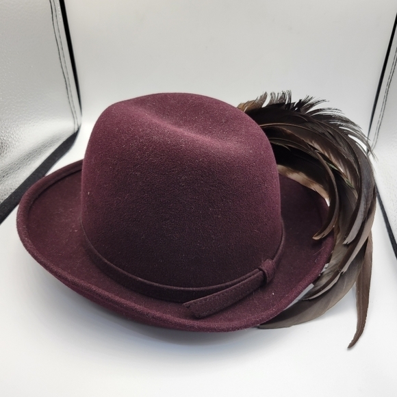Vintage Adolfo II Wine Brimmed Fedora with Feather - Picture 3 of 8